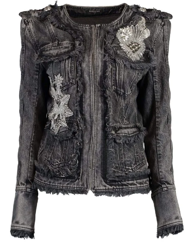 Collarless Embroidered Denim Jacket