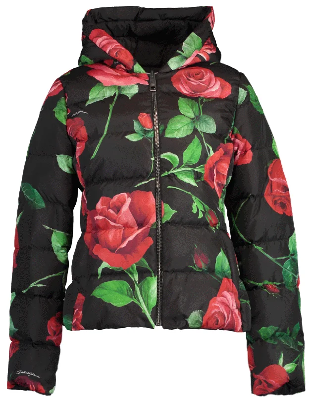 Rose Print Fitted Down Jacket with Hood