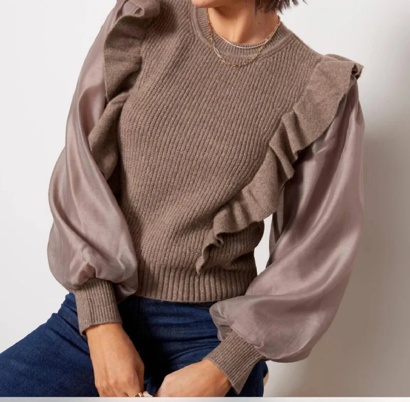 Organza Sleeve Sweater In Brown