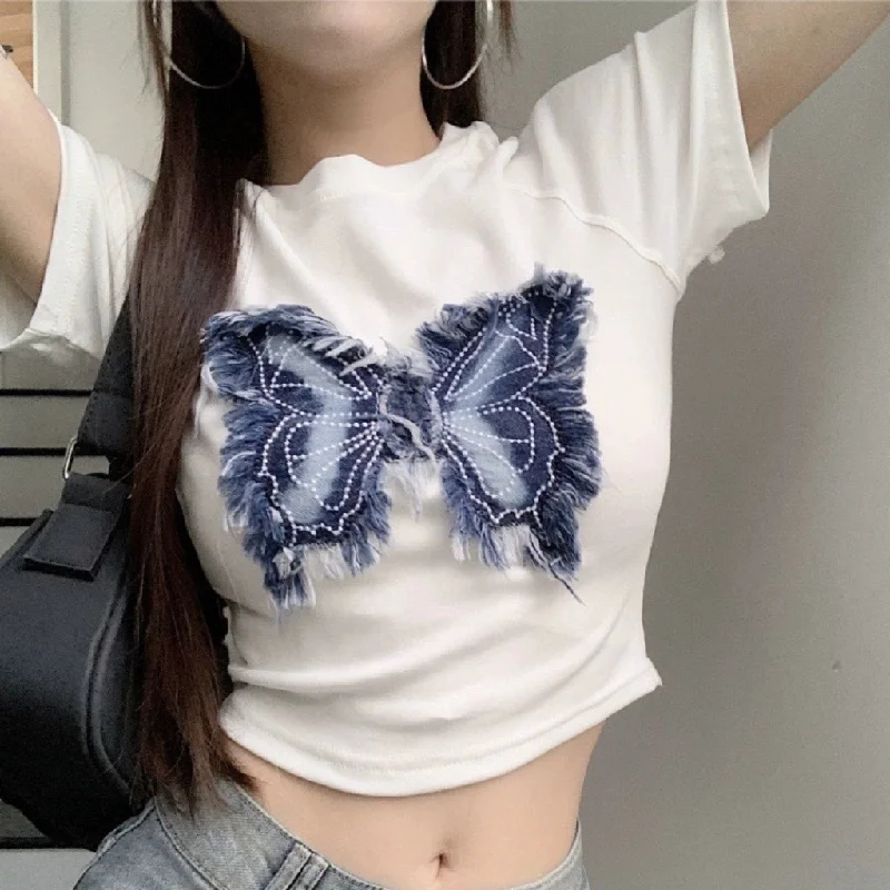 Women's Denim Butterfly Patchwork T-Shirt