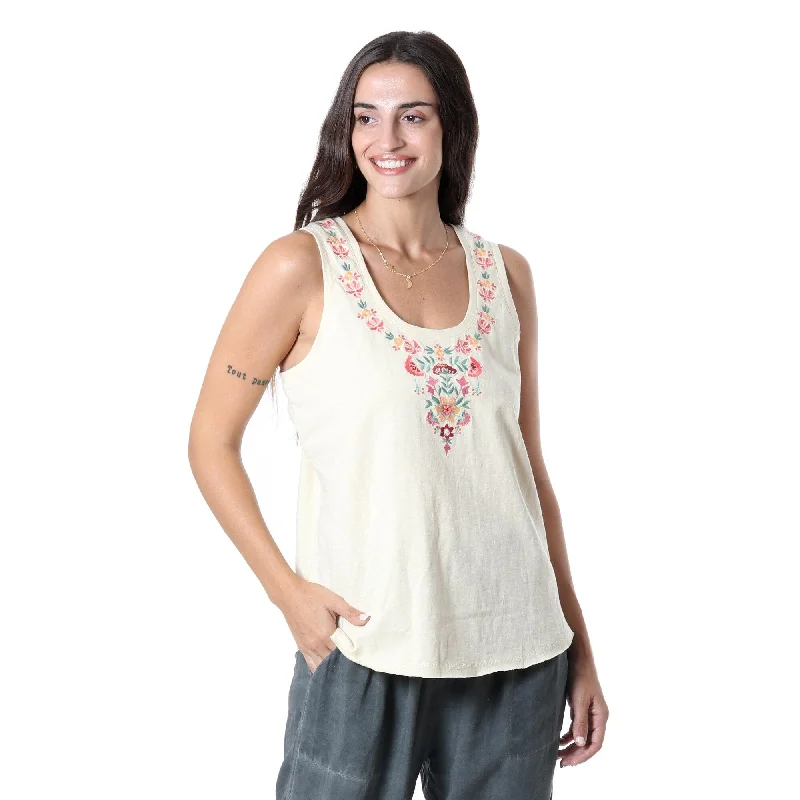 Novica Handmade Floral Story In Light Green Embroidered Cotton Tank Top