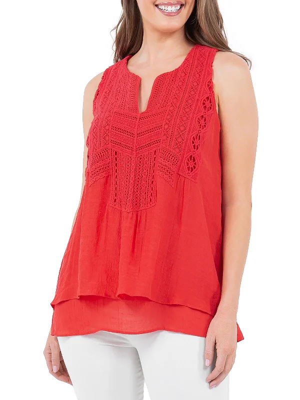 Leno Womens Crochet Trim V Neck Shell