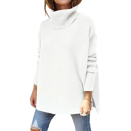 Women's Turtleneck Oversized Sweaters Long Batwing Sleeve Spilt Hem Tunic